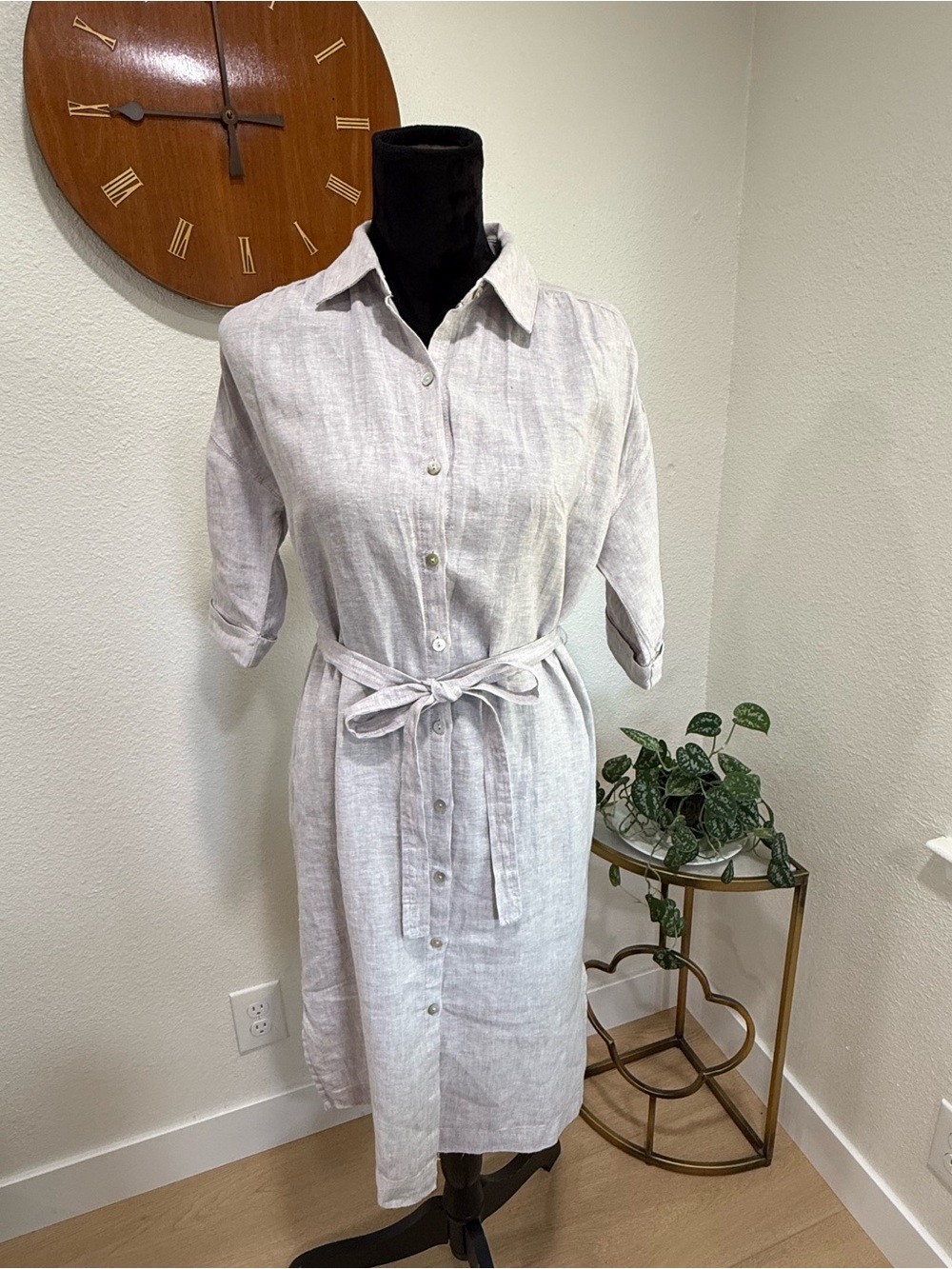 Tahari 100% Linen Shirt Dress Belted Roll Tab Sleeve XS Beige